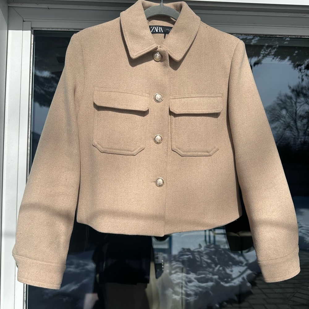 Zara Cropped Beige Wool-Blend Button Jacket